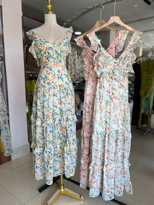 Summer Floral Print Slit Long Dresses